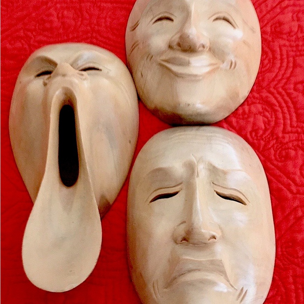 Three Expressive Wooden MASKS Wall Decor